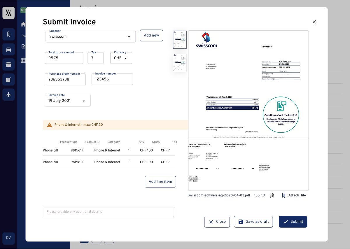 Design iteration 1: Invoice as modal with image on the right